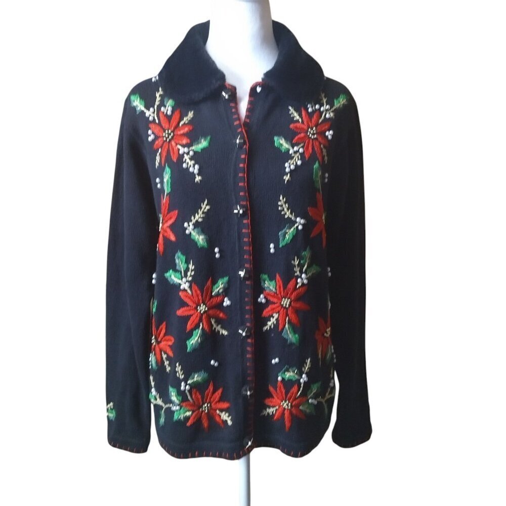 OHI Size Medium Button Front Christmas Poinsettia Removeable Collar Cardigan